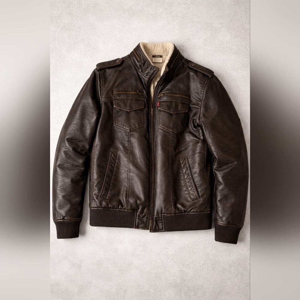 Levi’s Faux Leather Sherpa Lined Bomber Jacket Brown Aviator Moto Zip Coat
